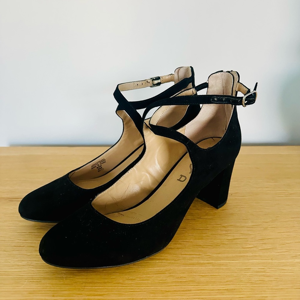Black faux suede cross strap heels